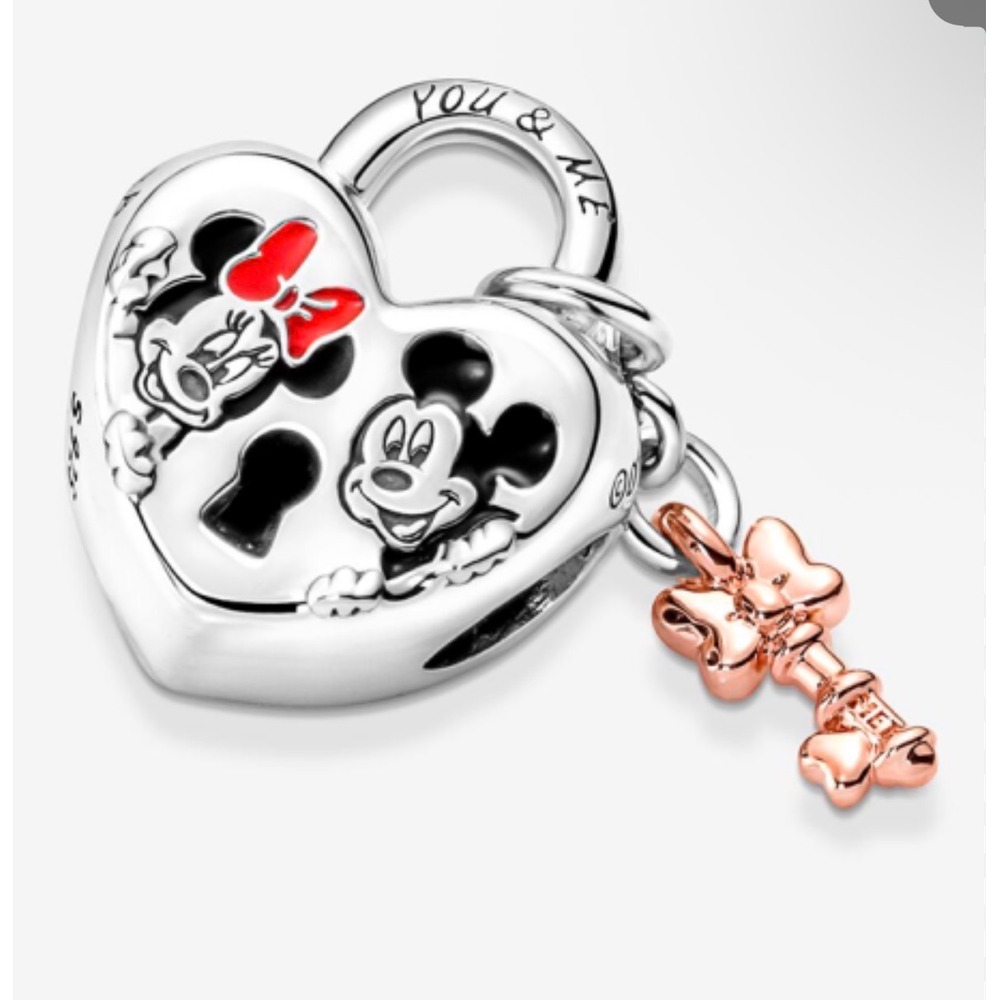 NEW Pandora Disney Mickey Minnie Mouse Heart Padlock Key Charm Sterling Silver